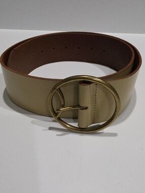 Anthropologie Wide Oval Buckle Leather Belt Ivory Off-White